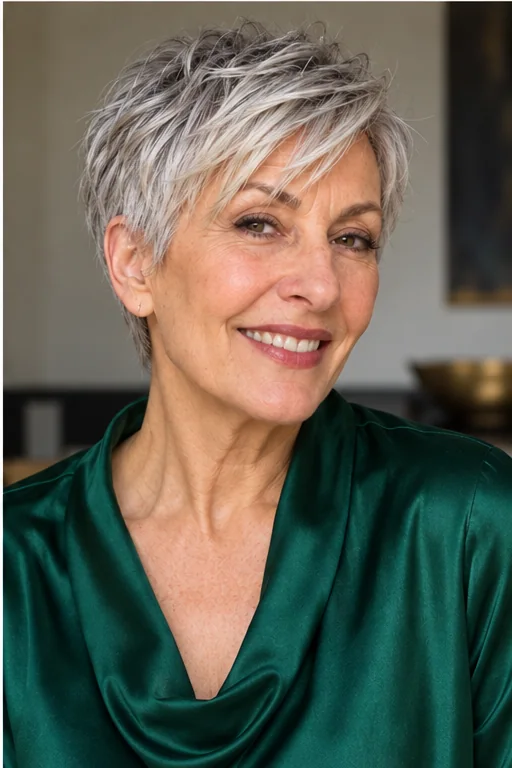 Silver pixie with softly separated top pieces swept diagonally across the forehead
