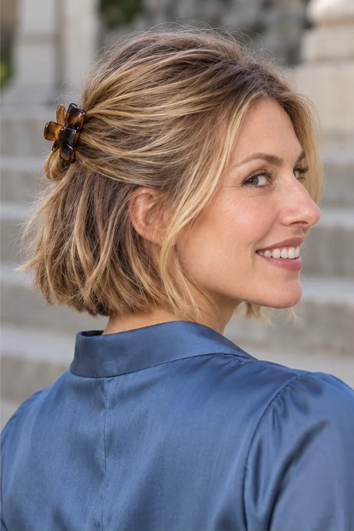 Dark blonde bob with a small claw clip securing a half-up section