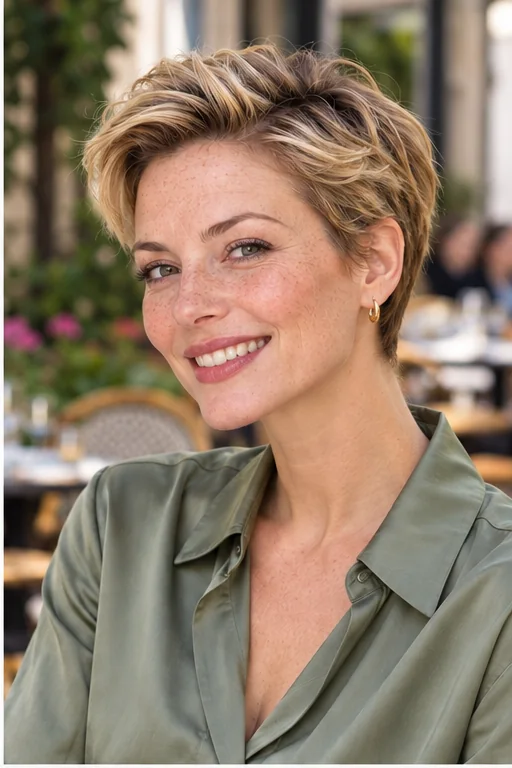 Short blonde pixie swept back with soft separated texture