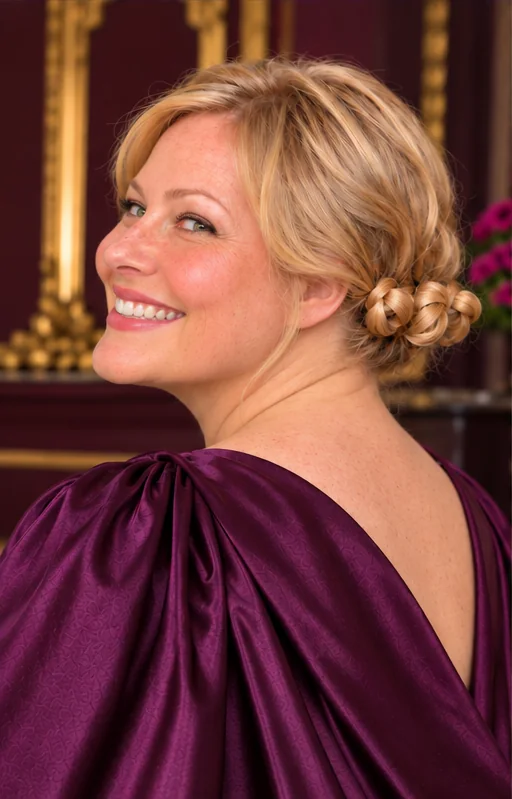 Golden blonde bob arranged in three separate small buns across the nape