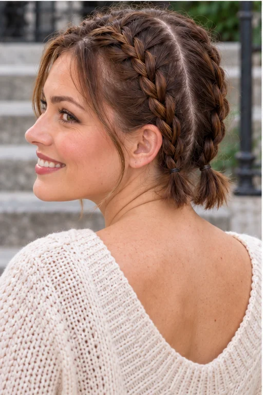 Chestnut neck-length bob in two Dutch braids ending in short nape ponytails