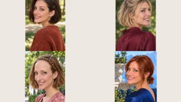 Four ways to style short hair: side pins, a small half-up knot, a temple braid and a low ponytail