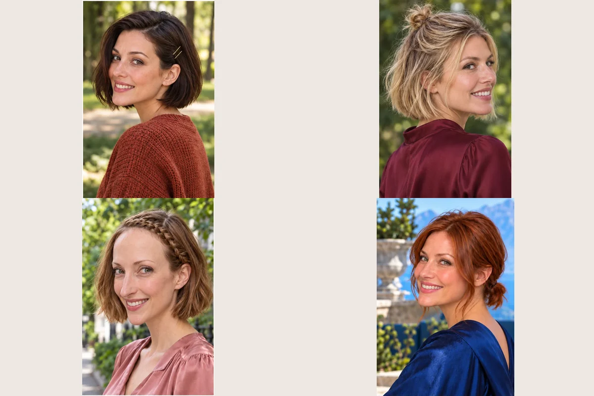 Four ways to style short hair: side pins, a small half-up knot, a temple braid and a low ponytail
