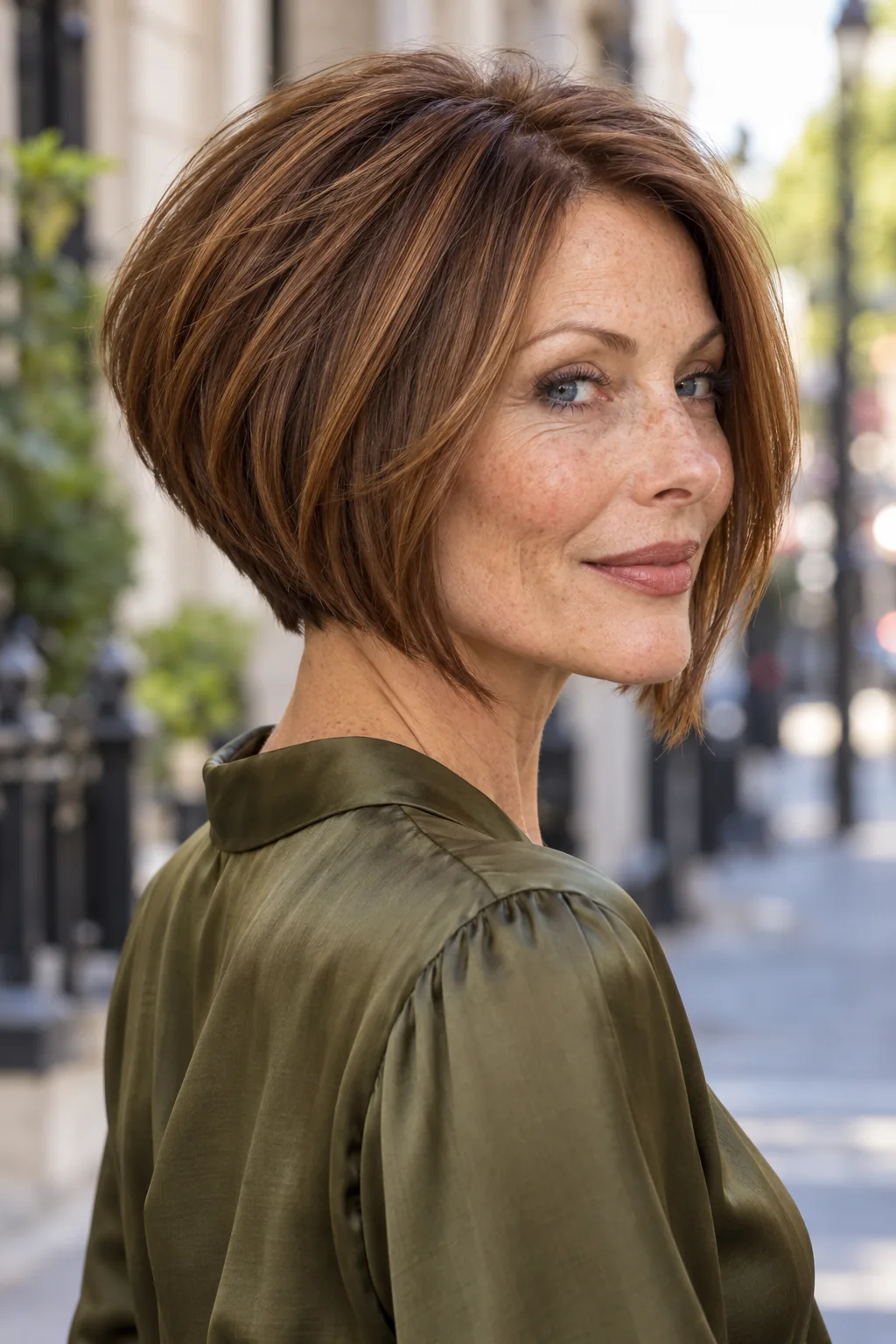 Woman with a softly textured stacked angled bob and a substantial smooth perimeter