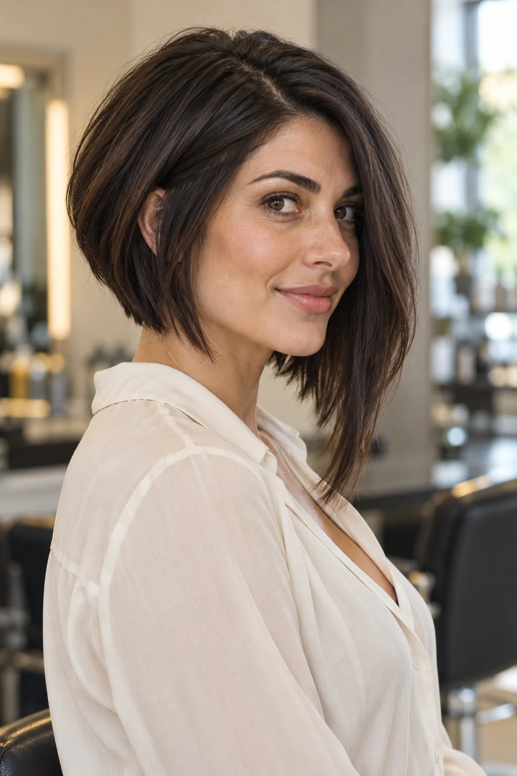 Woman with an asymmetric black-brown stacked bob, one front side visibly longer than the other