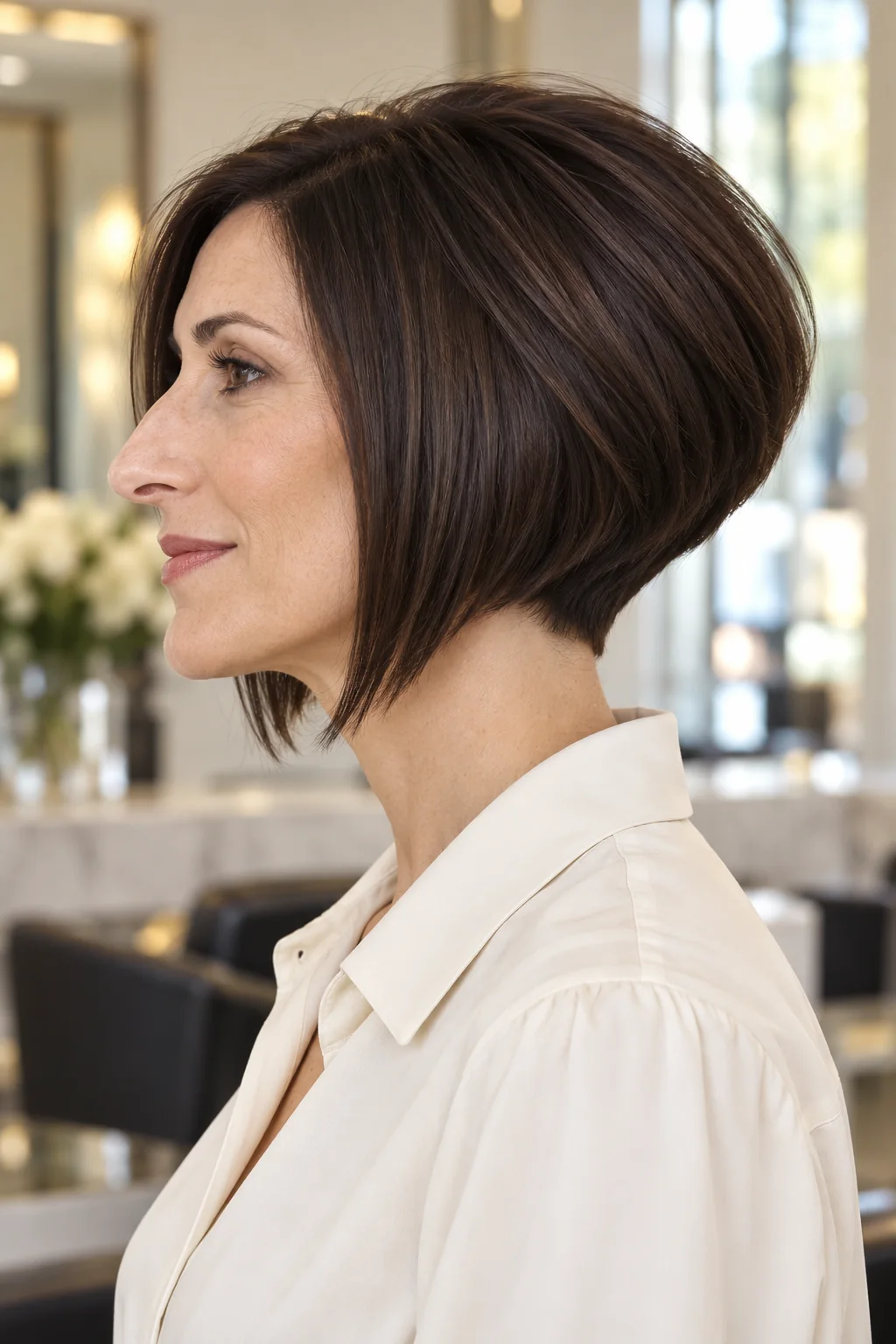 Woman in profile with a compact dark high-stacked bob and short tapered nape