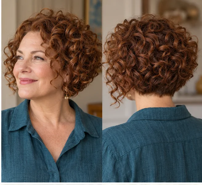 Woman in three-quarter profile with defined auburn curls in a stacked bob longer beside the jaw