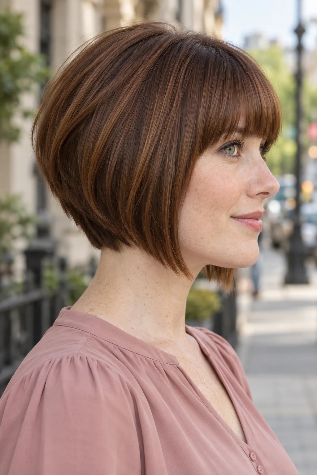 Woman with a smooth chestnut stacked angled bob and a full eyebrow-skimming fringe