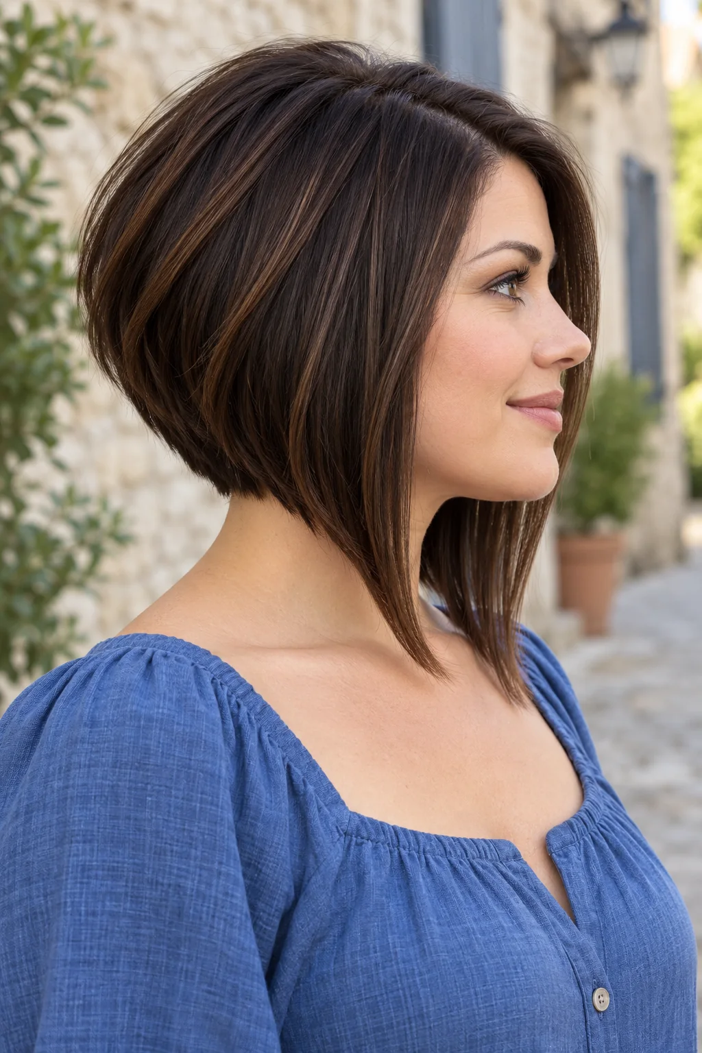 Woman with a graduated brunette bob descending steeply from the nape to long front pieces