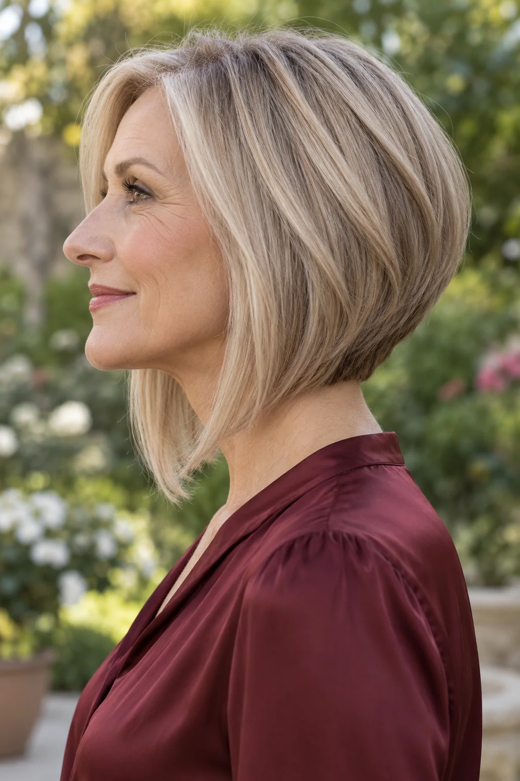 Woman with a longer softly graduated angled bob covering part of the nape and ending below the jaw