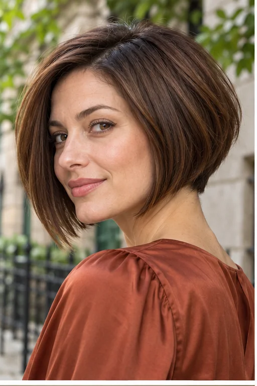 Woman in side three-quarter view with a low graduated chestnut bob sloping toward the jaw