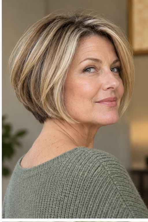 Woman with a honey-blonde mid-stacked bob and softly beveled longer front corners