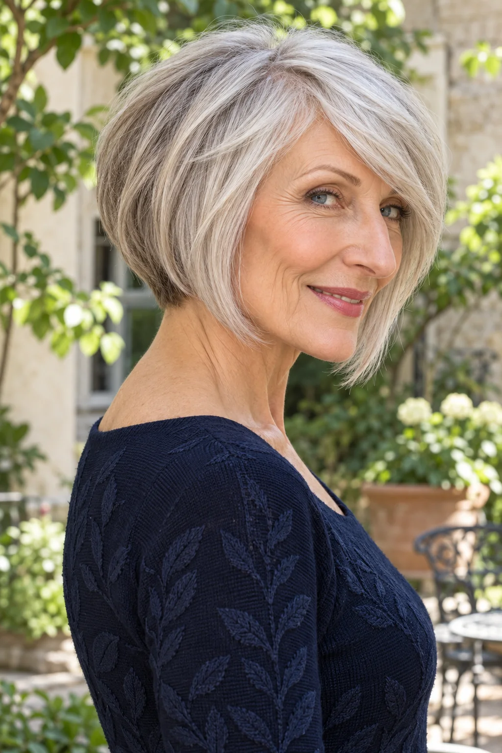 Woman with a silver stacked angled bob and a long sweeping side fringe