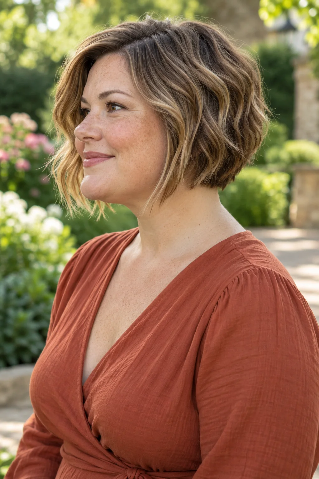 Woman with a softly stacked dark-blonde angled bob worn in loose waves