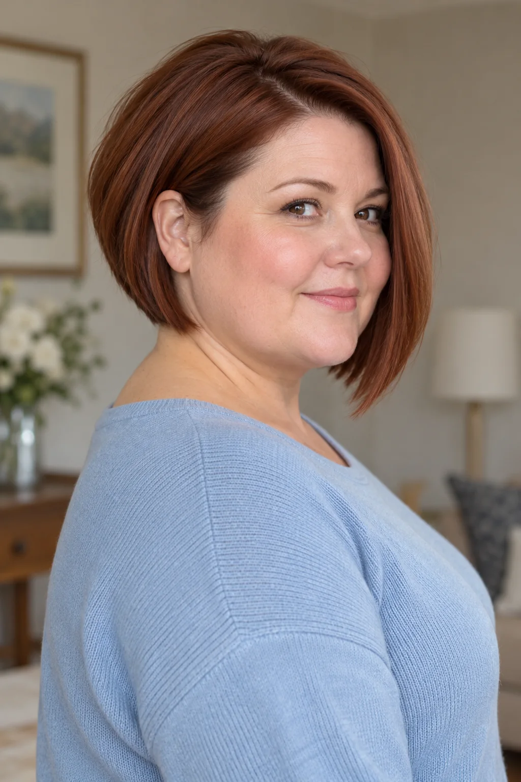 Woman with a smooth angled bob tucked behind one ear, showing the graduated back and longer opposite front