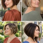 Four stacked angled bobs showing low graduation, a rounded back, loose waves and a longer front