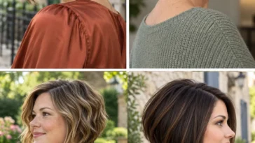 Four stacked angled bobs showing low graduation, a rounded back, loose waves and a longer front