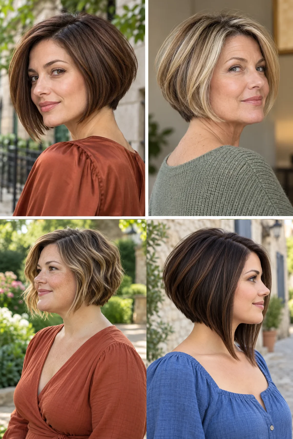 Four stacked angled bobs showing low graduation, a rounded back, loose waves and a longer front