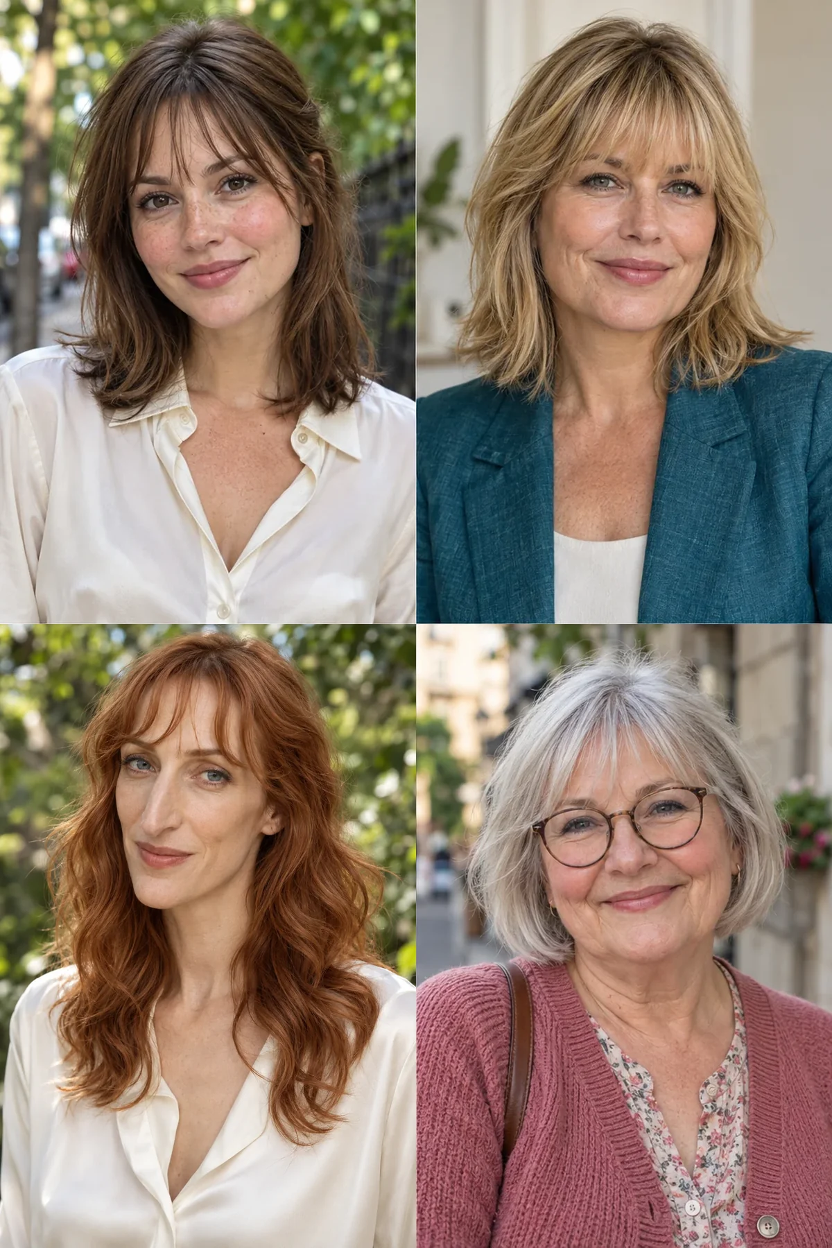 Four distinct wispy fringes showing narrow, wider, wavy and glasses-friendly shapes
