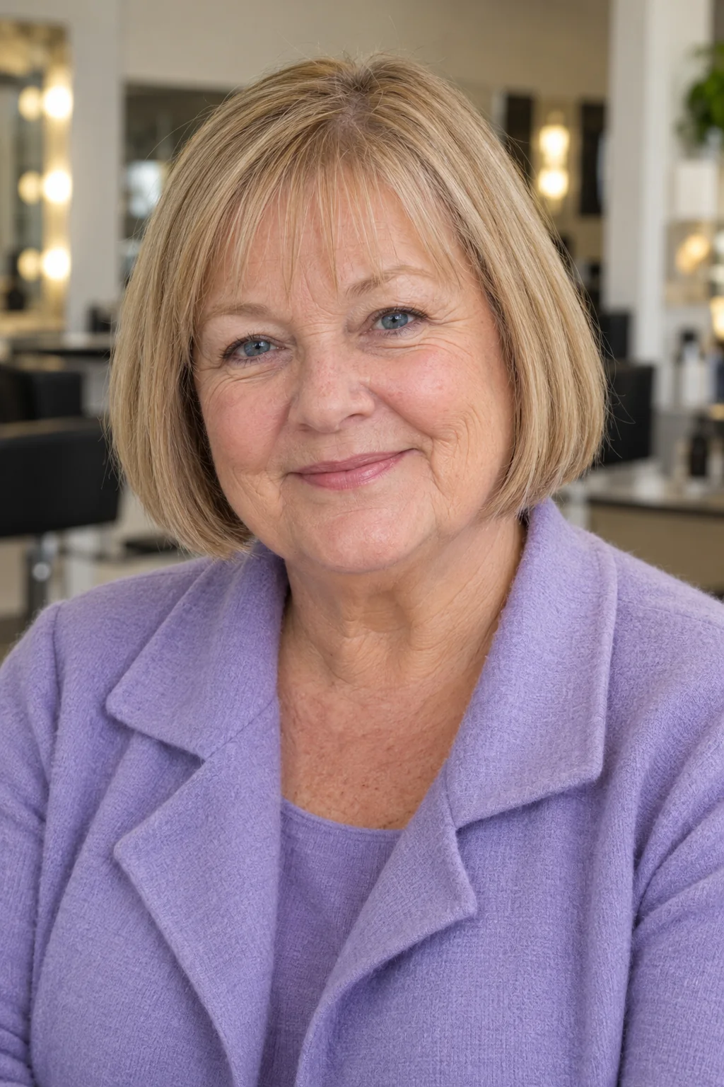 Fine dark blonde hair in a full jaw-length bob with a very light straight separated fringe