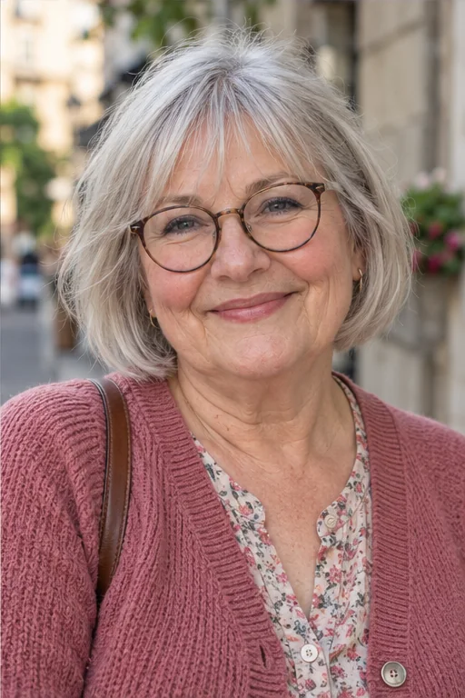Silver chin-length bob with a light fringe above the top rim of rounded glasses