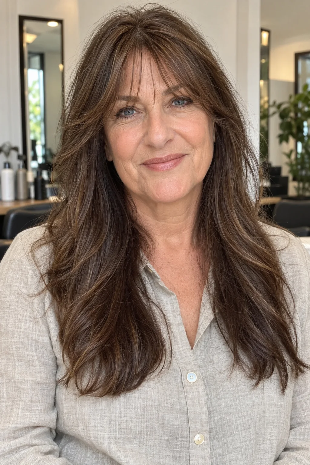 Long brunette hair with wispy eye-skimming fringe pieces and a narrow central gap