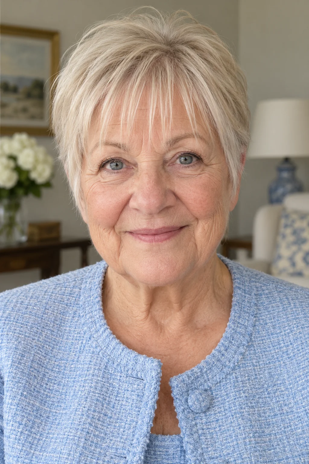 Ash blonde long pixie with a light forward fringe, longer temple pieces and a compact tapered nape