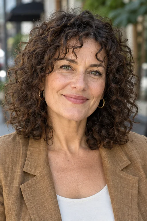 Dark brown shoulder-length curls with a small number of separated loose fringe curls and visible forehead