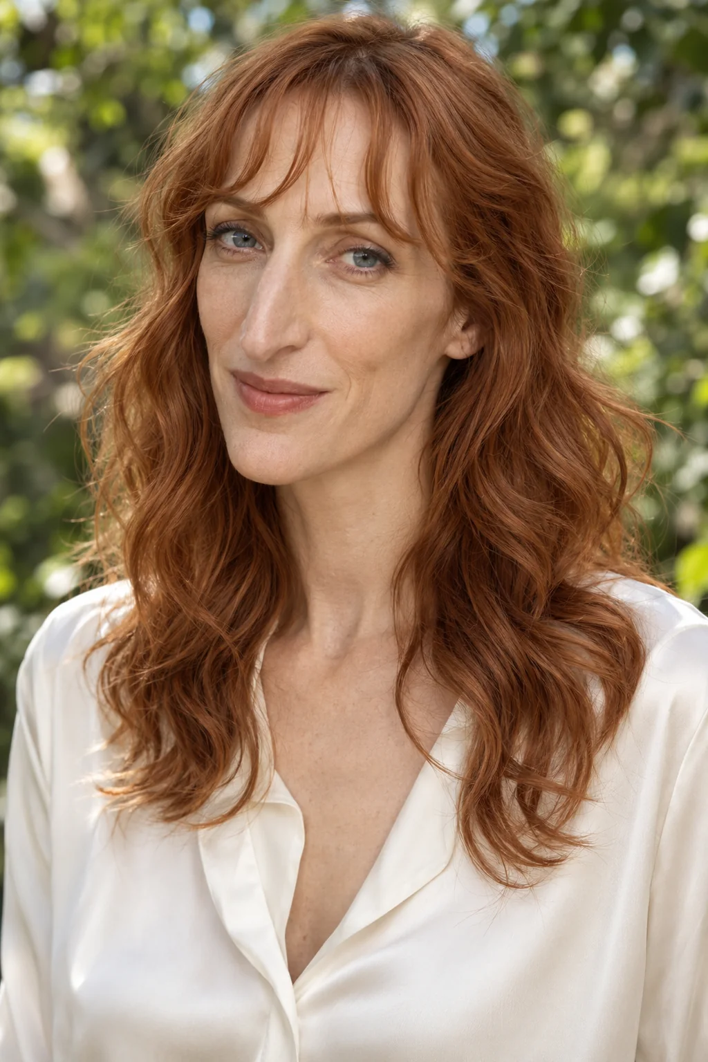 Copper collarbone waves with a sparse brow-length fringe carrying gentle natural bends