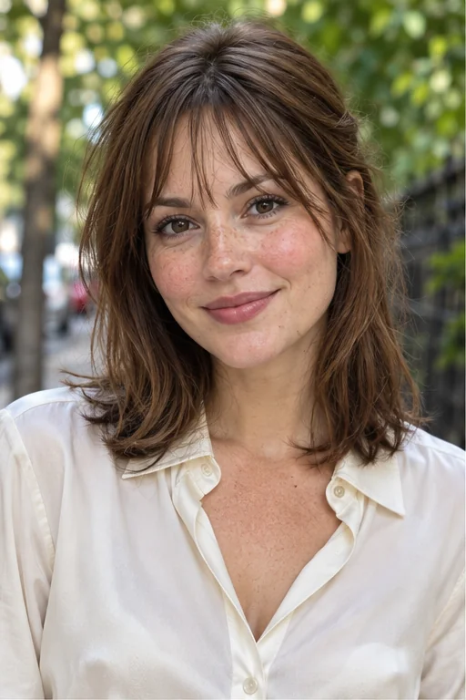 Chestnut collarbone hair with a narrow separated brow-length fringe and open temples