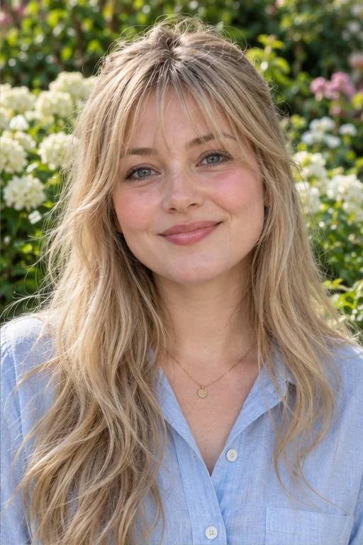 Long sandy blonde hair with an off-center opening in an airy brow-length fringe