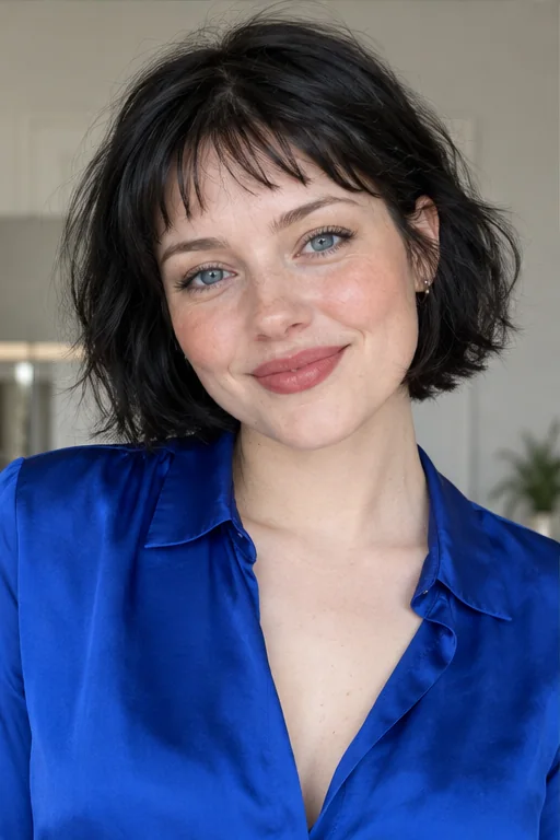 Black chin-length hair with a short sparse fringe clearly above both eyebrows