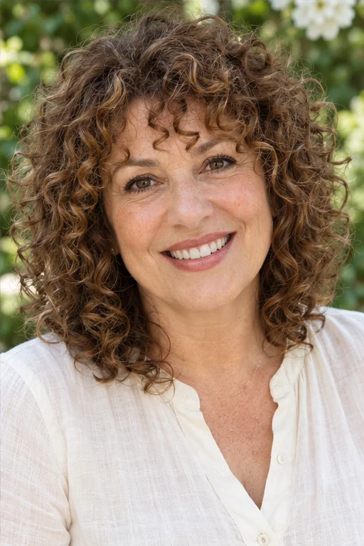Warm brown tight shoulder-length curls with a shallow separated curly fringe and visible gaps above the brows