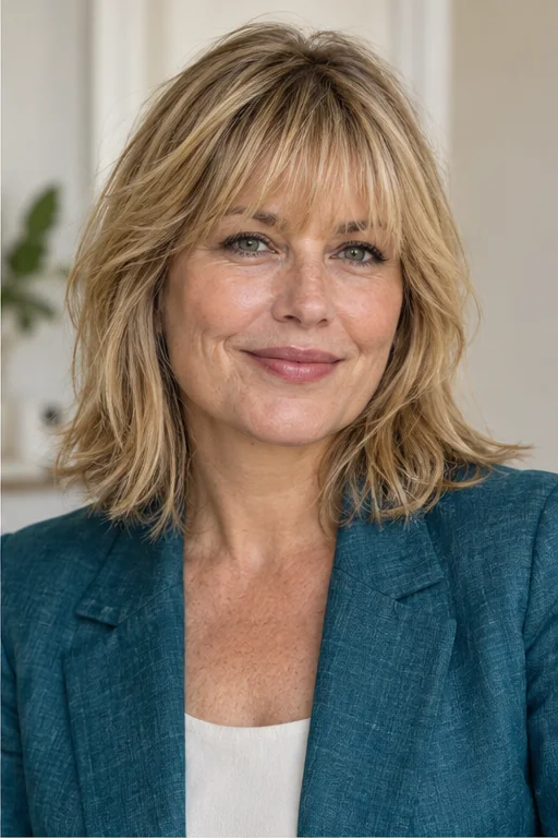 Honey blonde shoulder-length hair with a wide light fringe extending across both brows