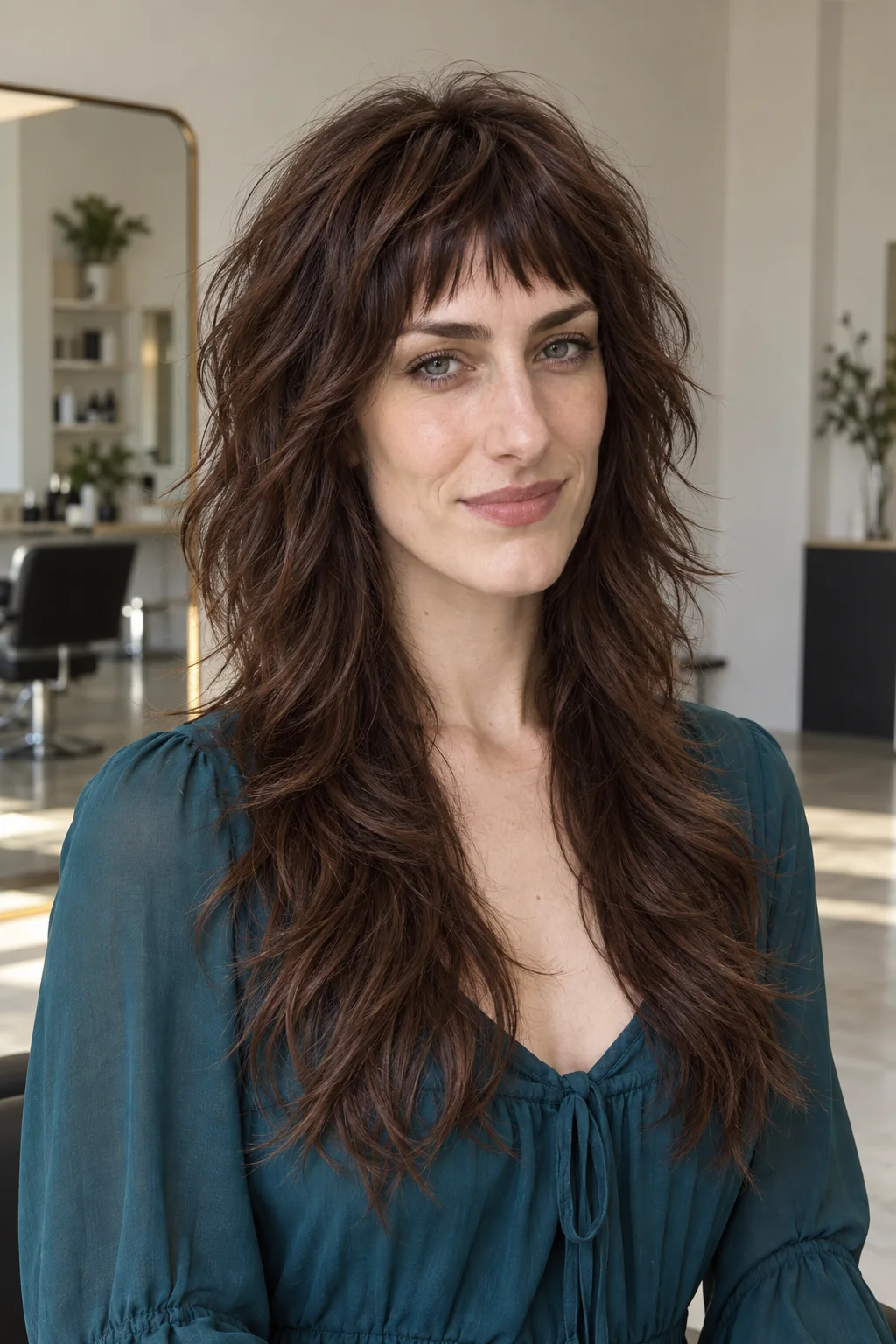 Dark chestnut medium wolf cut with a broken above-brow fringe, textured rounded crown and tapered shoulder ends