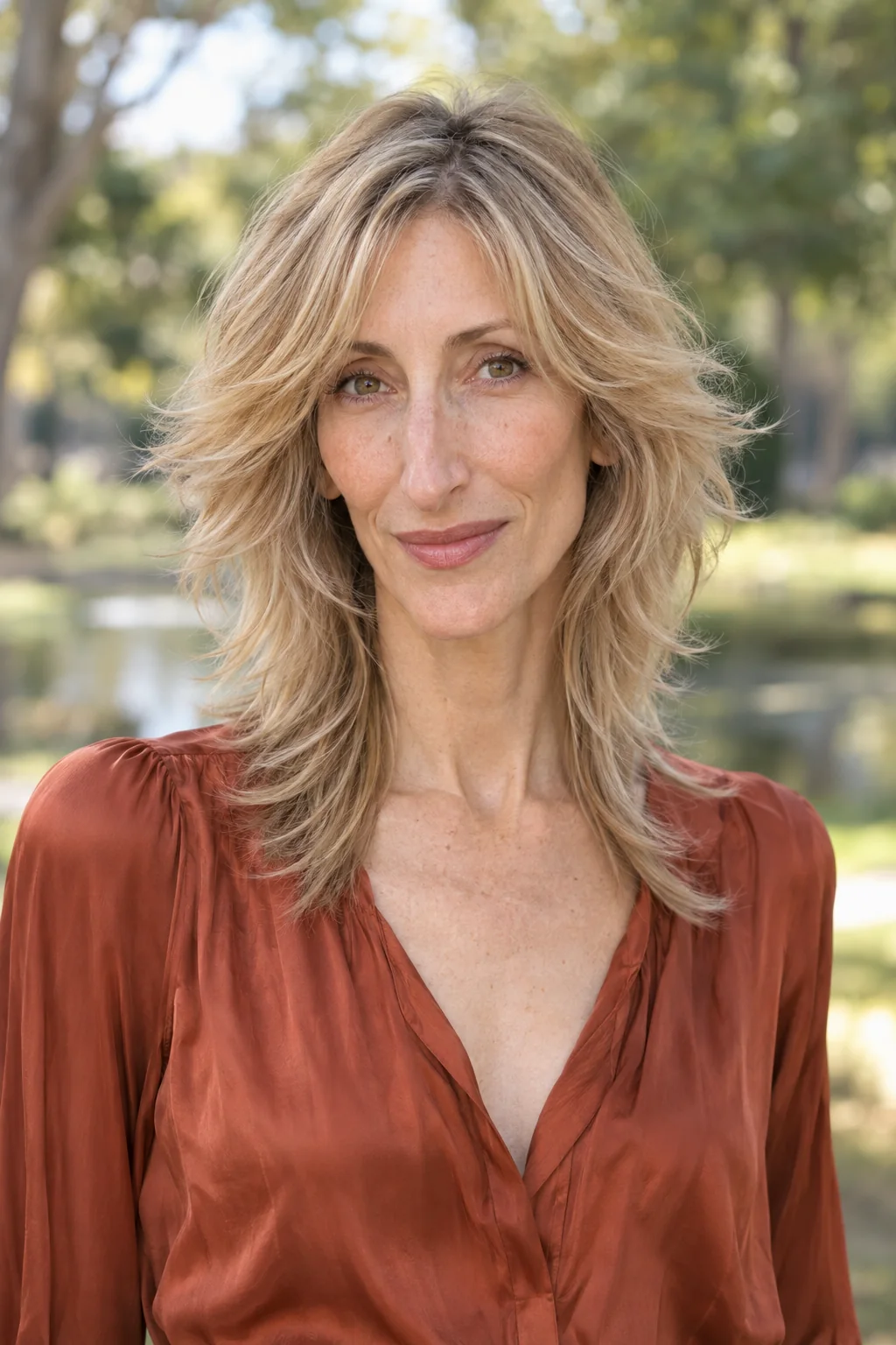 Shoulder-length sandy blonde wolf cut with broad outward cheekbone wings, rounded crown and narrow feathered lower ends