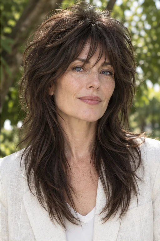 Long dark brunette wolf cut with visibly short fluffy crown layers, airy forward fringe and tapered chest-length ends