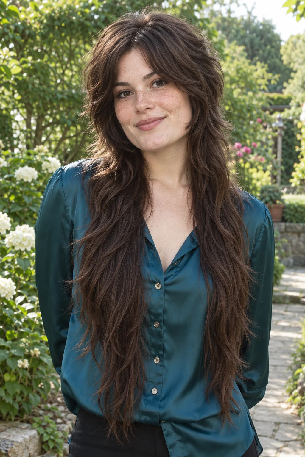 Extra-long brunette wolf cut with short jaw-level side framing, a rounded fluffy crown and tapered lengths reaching below the chest