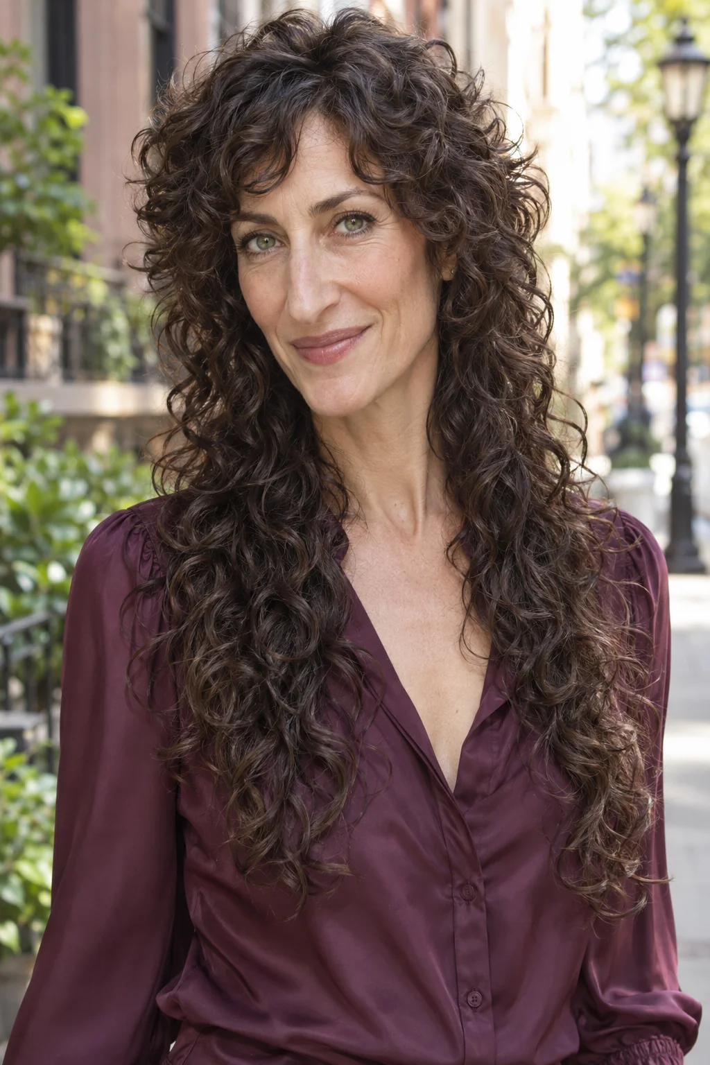 Long dark brown curly wolf cut with rounded crown volume, cheek-framing curls and a tapered longer curly perimeter
