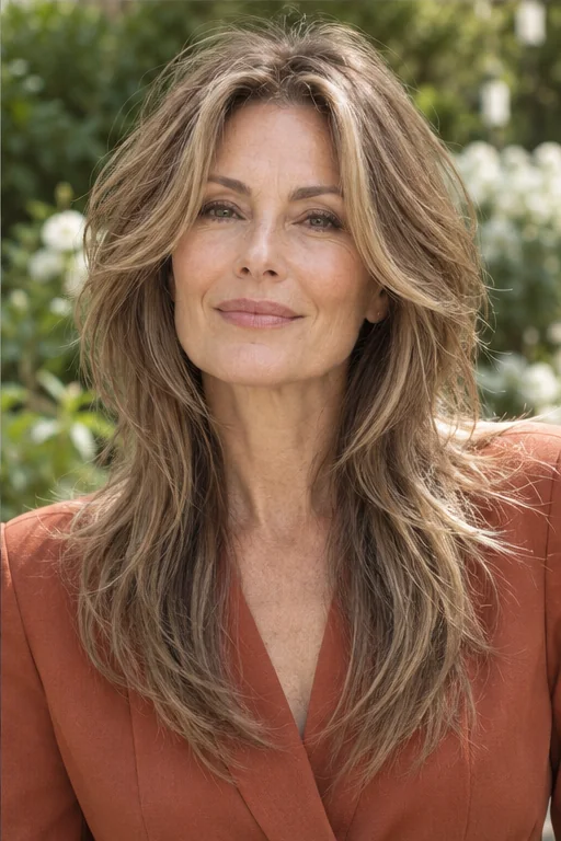 Long dark blonde wolf cut without a short fringe, with an open center part, jaw-level face frame and lifted crown
