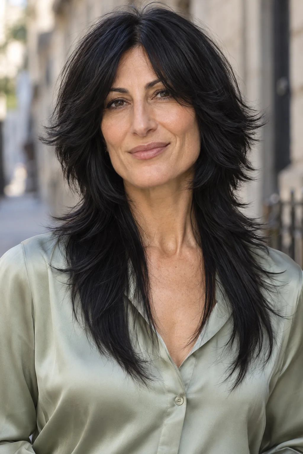 Long black straight wolf cut with visible rounded crown layers, distinct cheek and shoulder layer shelves and a tapered long perimeter