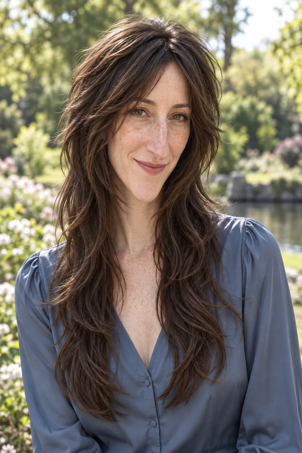 Long brunette wolf cut worn loose with longer chin-level front layers and a moderate crown above substantial long lengths