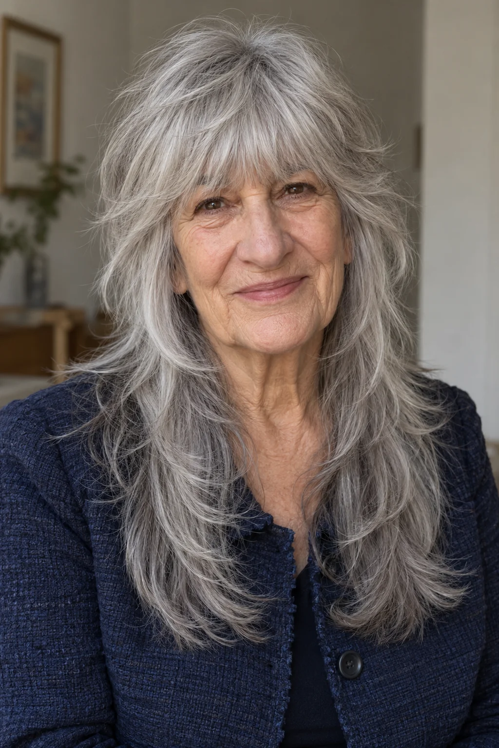 Long silver wolf cut with a full softly rounded brow-length fringe, substantial curved crown and feathered long lower lengths