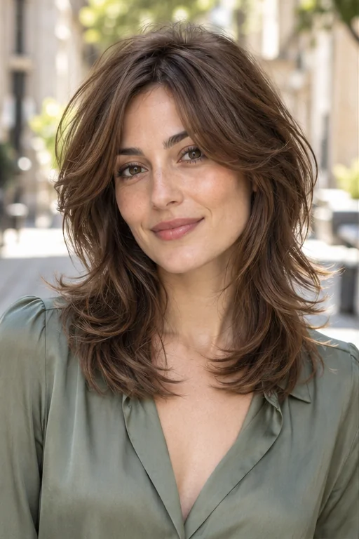 Chestnut collarbone wolf cut with gentle crown lift, cheekbone curtain fringe and feathered lower ends