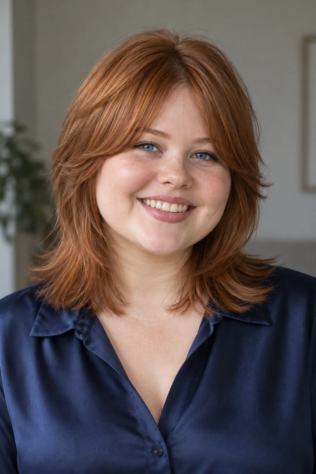 Straight copper shoulder-length wolf cut with a rounded layered crown, cheek-level pieces and outward feathered ends