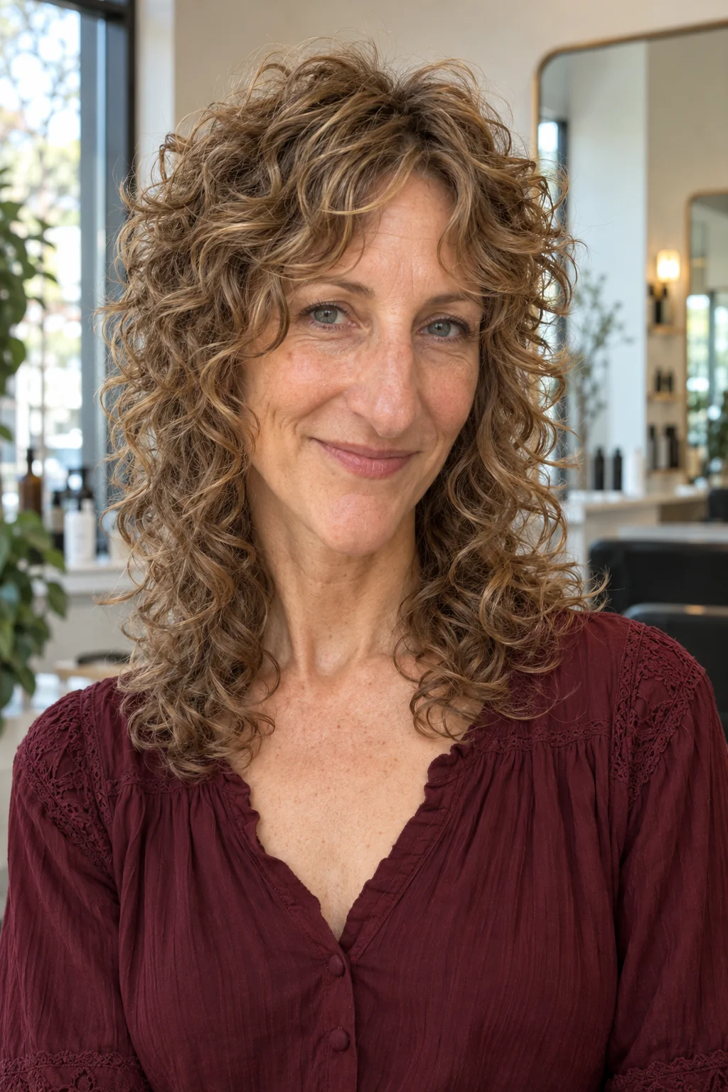 Shoulder-length dark blonde curly wolf cut with tight curl groups, compact rounded crown and visibly stepped cheek-to-shoulder graduation