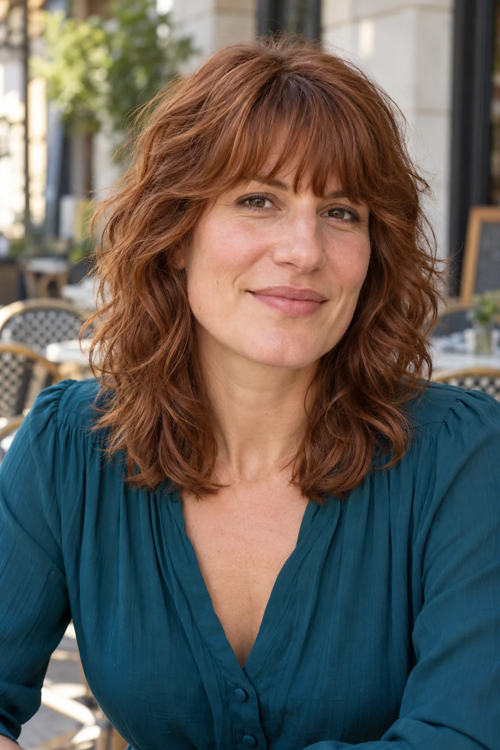 Medium auburn wavy wolf cut with a soft full brow-length fringe and rounded textured crown