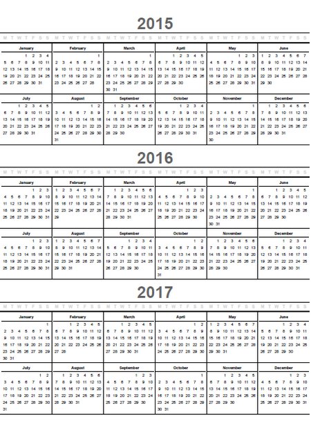 printable multi year calendar 2015 2016 2017